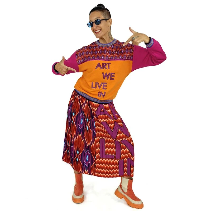 Geometric Pattern With Fuchshia Logo Print Pleated Midi Skirt 2 Geometric Pattern With Fuchshia Logo Print Pleated Midi Skirt - Image 2