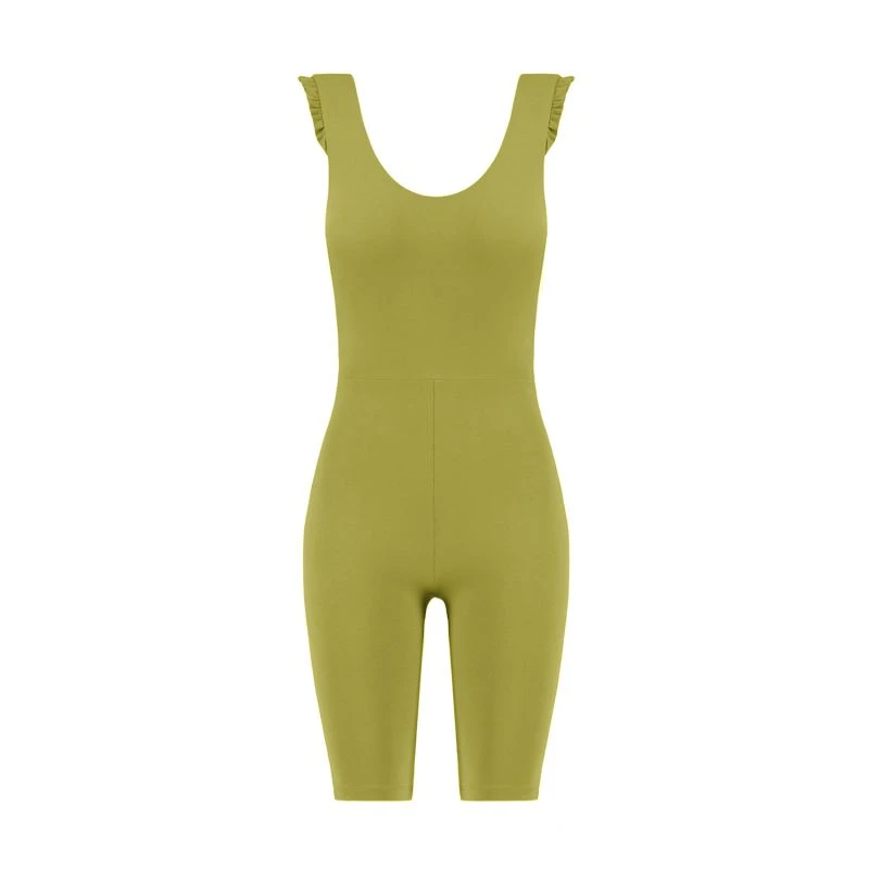 Carla Biker Length Jumpsuit With Shoulder Ruffles Golden Lime 1 Carla Biker Length Jumpsuit With Shoulder Ruffles Golden Lime