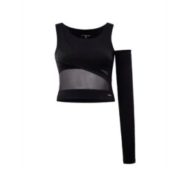 Geo One-Sleeve Crop Top With Mesh Panel Black Beauty