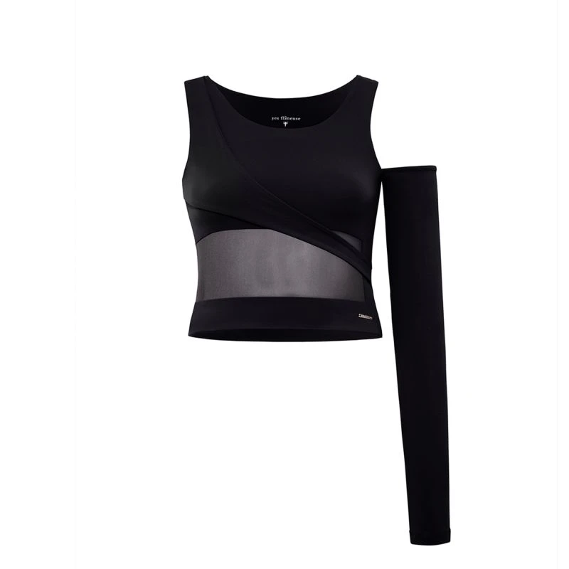 Geo One-Sleeve Crop Top With Mesh Panel Black Beauty 1 Geo One-Sleeve Crop Top With Mesh Panel Black Beauty