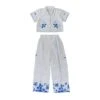 Blue Embroidered Floral Summer Crop Top & Pants Set