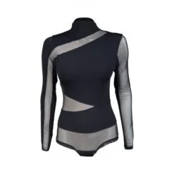 Long-Sleeved Tulle Seamed Bodysuit Nero Black