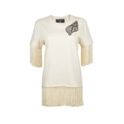Laines Couture Fringed Tassel T-Shirt With Embellished Cone Shell - Cream