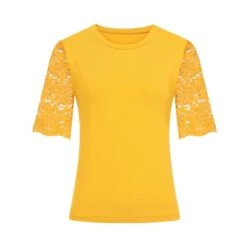 Mustard Cotton Lace Sleeve T-Shirt