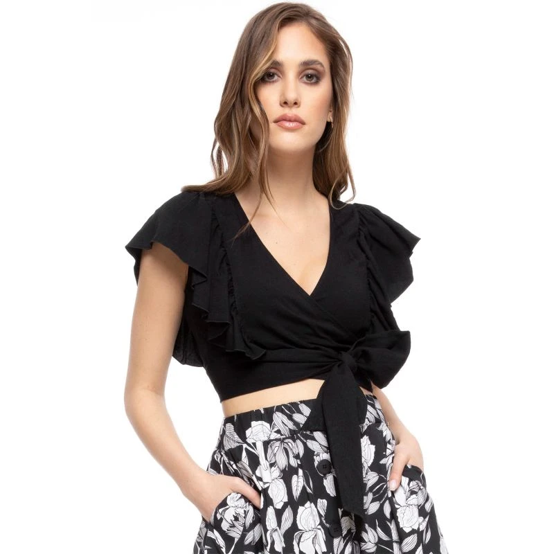 Ruffle Detail Crop Top - Black 2 Ruffle Detail Crop Top - Black - Image 2