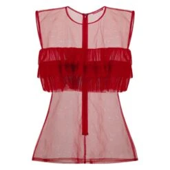 Sheer Tulle-Tiered Sleeveless Top -Red