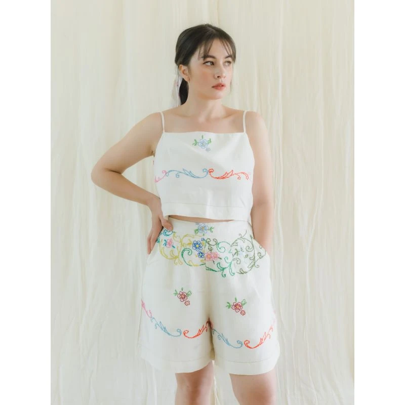 Upcycle Vintage Hand-Embroidered Floral Spaghetti Crop Top & Shorts Set 7 Upcycle Vintage Hand-Embroidered Floral Spaghetti Crop Top & Shorts Set - Image 7