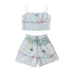 Upcycle Vintage Hand-Embroidered Floral Spaghetti Crop Top & Shorts Set