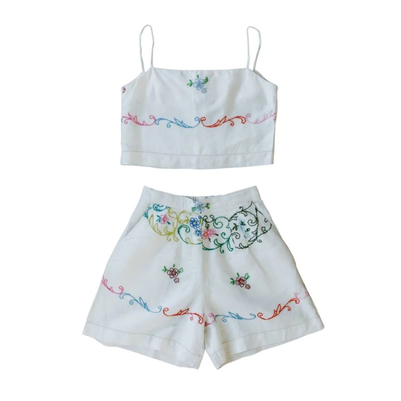 Upcycle Vintage Hand-Embroidered Floral Spaghetti Crop Top & Shorts Set 1 Upcycle Vintage Hand-Embroidered Floral Spaghetti Crop Top & Shorts Set