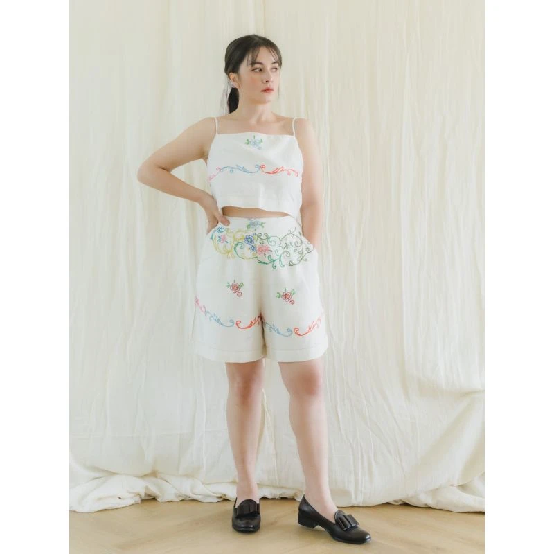 Upcycle Vintage Hand-Embroidered Floral Spaghetti Crop Top & Shorts Set 2 Upcycle Vintage Hand-Embroidered Floral Spaghetti Crop Top & Shorts Set - Image 2